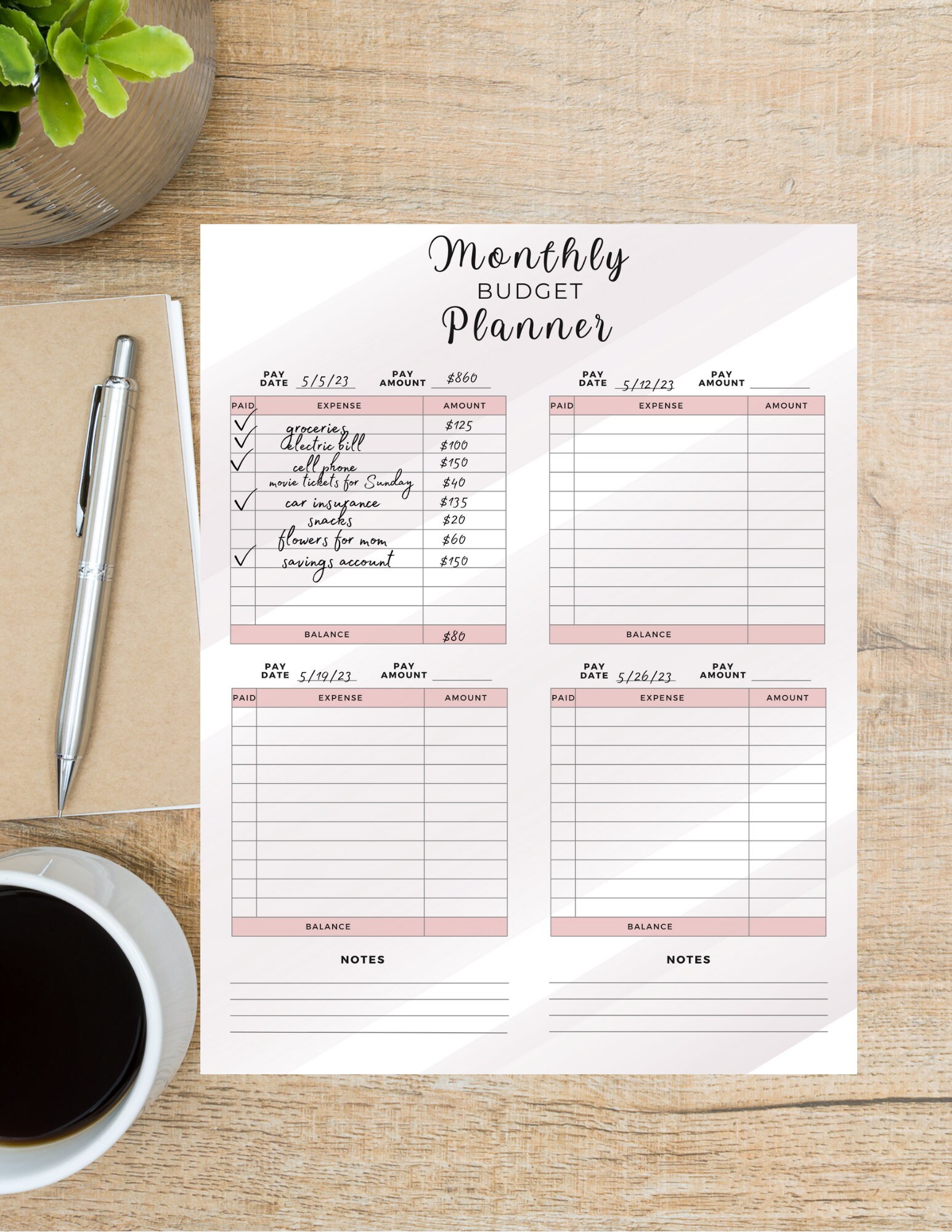 Shades of Pink Monthly Budget Planner, High Resolution Digital Download ...