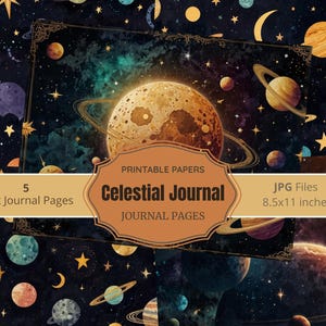 Páginas de diário celestial – papel vintage para scrapbook com lua e estrelas, itens astrológicos imprimíveis, papel digital dobrado para diários de lixo