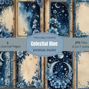 Celestial Blue Junk Journal Pages - Printable Vintage Journal Paper with Writing Space - Starry Ephemera for Scrapbooking and Journaling