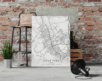 Póster del mapa de la ciudad de Cedar Park. Signo de arte metálico. Cedar Park - Texas - Estados Unidos. Imprimir sobre metal. Mural. Mapa de Cedar Park. Viajar. Regalo de decoración de pared. EE.UU