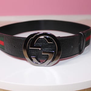 Gucci Ladies Striped Black Leather Belt W/ Silver Hardware  display picture 1