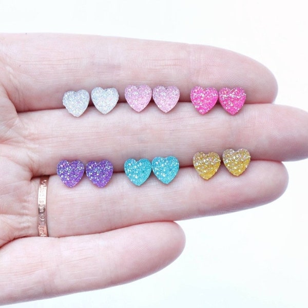 Mini Faux Druzy Heart Earrings of Your Choice / Clip ons for kids/ Hypoallergenic Plastic Earrings / Dress Up Accessories / Princess Jewelry