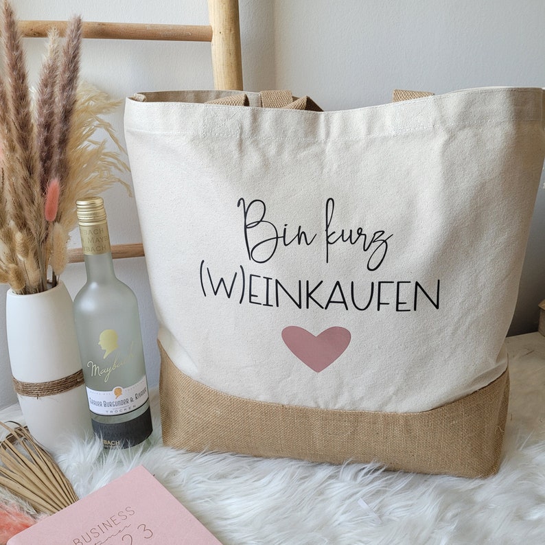 Jutetasche Bin kurz Weinkaufen Einkaufsbeutel Tragetasche Geschenkidee personalisiert Jutebeutel Leinenbeutel Shopping Bag Bild 3