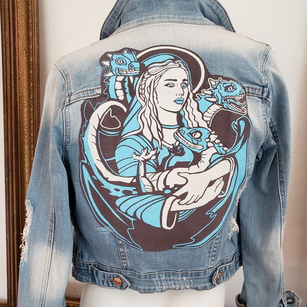 Upcycled Jean Jacket Denim Jacket, Handmade One Of A Kind Fan Gift, Zero Waste Upcycled Altered Clothing, Custom Sewing, Fantasy Dragons