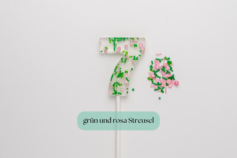 Handgemachte Zahlen Lollis Einzigartige Süßigkeiten mit Bunten Streuseln grün und rosa Streus