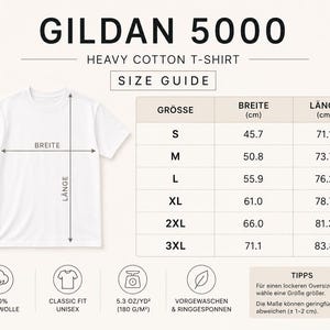 May include: A Gildan 5000 heavy cotton t-shirt size guide featuring a white t-shirt with width and length arrows. A table lists sizes S through 3XL with measurements in cm. Icons indicate 100% cotton, classic fit, 5.3 oz/yd2, and pre-shrunk fabric.