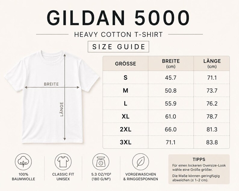 May include: A Gildan 5000 heavy cotton t-shirt size guide featuring a white t-shirt with width and length arrows. A table lists sizes S through 3XL with measurements in cm. Icons indicate 100% cotton, classic fit, 5.3 oz/yd2, and pre-shrunk fabric.