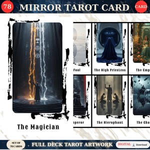 May include: A tarot card deck featuring the "Mirror Tarot Card" theme. The image showcases several cards, including "The Magician," "The High Priestess," and "The Emperor." The artwork has a fantasy theme with detailed illustrations and the text "Full Deck Tarot Artwork."