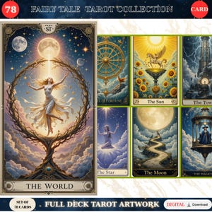 Puede incluir: Un juego de cartas del tarot con ilustraciones de fantasía. Las cartas muestran imágenes de The World, The Star, The Moon y The Sun. El juego incluye 78 cartas y está etiquetado como Fairy Tale Tarot Collection.