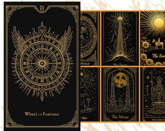 May include: A set of 78 line art tarot cards with gold illustrations on a black background. The Wheel of Fortune card is featured, along with other cards like The Tower, The Sun, and The Moon. The text "FULL DECK TAROT ARTWORK" is also visible.