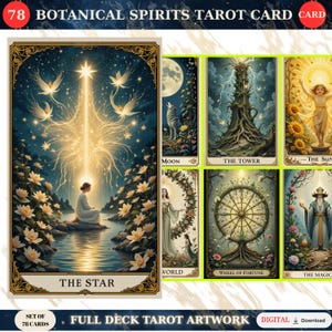 May include: A tarot card deck featuring botanical and spiritual themes. The cards showcase detailed illustrations, including "The Star," "Moon," "The Tower," and "Wheel of Fortune." The deck includes 78 cards and is labeled "Botanical Spirits Tarot Card."