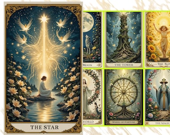 May include: A tarot card deck with botanical and spiritual artwork. The cards display detailed illustrations, including "The Star," "Moon," "The Tower," and "Wheel of Fortune." The deck contains 78 cards and is labeled "Botanical Spirits Tarot Card."
