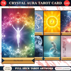 May include: A tarot card deck with the text "Crystal Aura Tarot Card" at the top. The deck features colorful artwork, including images of the sun, moon, and a figure with arms raised. The words "The World" are visible on one card.