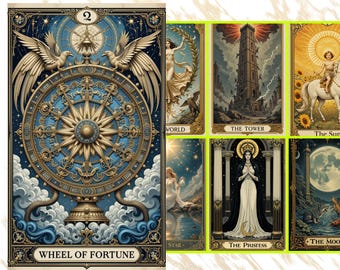 May include: A vintage tarot card set featuring Art Nouveau style artwork. The Wheel of Fortune card is prominent, with a blue and gold design. Other cards include The World, The Tower, The Sun, The Star, The Priestess, and The Moon. The set includes 78 cards.