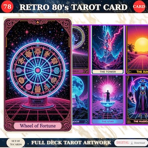 Puede incluir: Un conjunto de 78 cartas de tarot retro de los años 80 con colores neón vibrantes. Se muestra la carta de la Rueda de la Fortuna, junto con otras cartas como La Torre, El Sol, La Estrella y El Mago. Descarga digital.