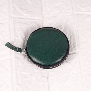 Porte-monnaie rond en cuir véritable, portefeuille en cuir vert fait à la main, étui pour écouteurs, poche à monnaie avec crochet à glissière, sac à main en cuir pour cadeau
