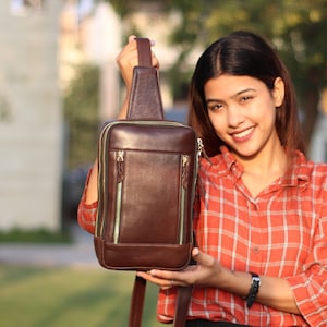 Echt lederen mobiele sling bag, bruin lederen crossbody sling bag, handgemaakte lederen schoudertas, messenger card cash houder telefoon portemonnee