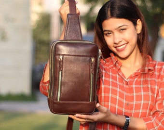 Bolso de cabestrillo móvil de cuero genuino, bolso bandolera de cuero marrón, bolso de hombro de cuero hecho a mano, bolso de teléfono con soporte de efectivo para tarjeta de mensajero