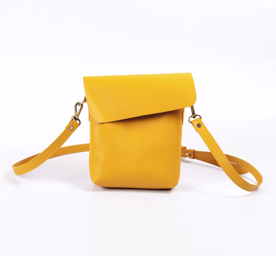 Yellow Leather Crossbody Bag With Adjustable Strap, Handcrafted Genuine
