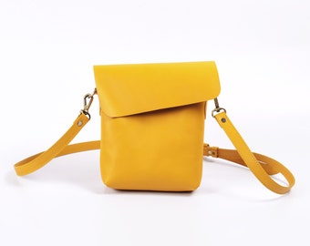 Yellow Leather Crossbody Bag With Adjustable Strap, Handcrafted Genuine Leather Handbag, Yellow Shoulder Bag For Her, Minimalist Flap Bag