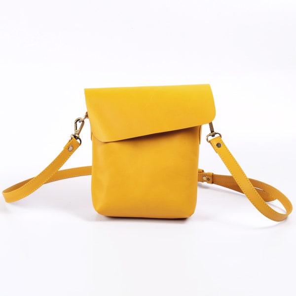 Yellow Leather Crossbody Bag With Adjustable Strap, Handcrafted Genuine Leather Handbag, Yellow Shoulder Bag For Her, Minimalist Flap Bag