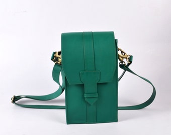 Leather Green Women's Designer Sling Mobile Bag, Leather Crossbody Sling Bag, Leather Shoulder Bag, Leather Handbag Purse, Two handle bags