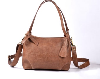 Raw Look Genuine Leather Handbag, Long Strap Crossbody Bag, Crossbody Purse, Full Grain Leather Shoulder Shopper Bag For Mother Girlfriend
