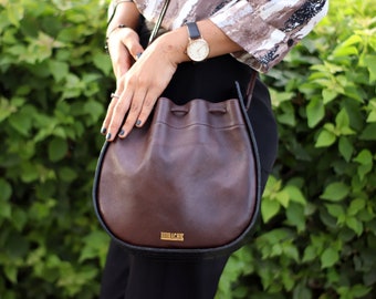 Leather Handbag For Women, Dark Brown Leather String Potli Bag, Leather Shoulder Bag, Elegant Drawstring Bag, Genuine Leather Bag Wholesaler