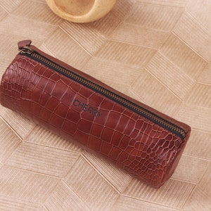 Personalized Leather Pencil & Brush Case, Top Grain Leather, Custom Pencil Organizer, Zipper Leather Pouch, Engraved Leather Pen Pouch Croco Texture