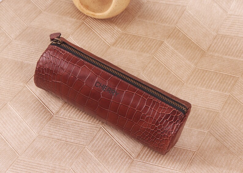 Personalized Leather Pencil & Brush Case, Top Grain Leather, Custom Pencil Organizer, Zipper Leather Pouch, Engraved Leather Pen Pouch Croco Texture