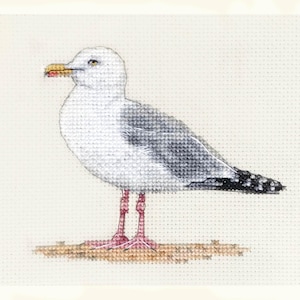 May include: Cross-stitch image of a seagull. The bird is rendered in grey and white, with a yellow beak and pink legs. The seagull stands on a brown surface against a cream background. The cross-stitch technique gives the image a textured look.