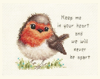 May include: Cross-stitch of a round robin bird with a red breast, brown back, and white belly. The bird is perched on green grass with small blue flowers. Text reads "Keep me in your heart and we will never be apart."