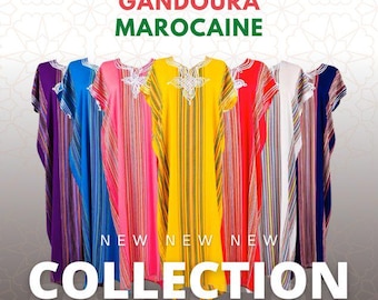 May include: A collection of colorful striped caftans with embroidered details. The caftans are in shades of purple, blue, pink, yellow, red, white, and navy blue. The text "NEW COLLECTION" is displayed below the caftans.