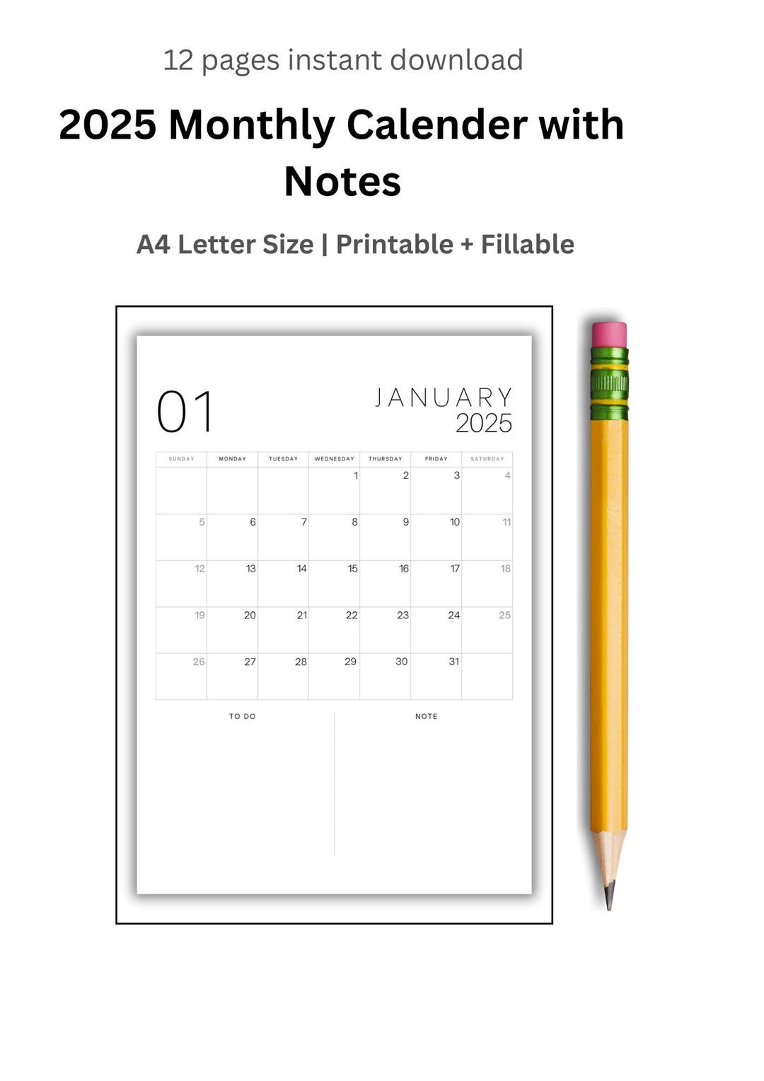 2025 Monthly Calendar With Notes, Minimalist Printable (a4/letter) - Etsy