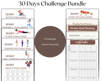 May include: A digital fitness bundle with a white background, featuring workout challenges and a weight tracker. The bundle includes 30-day challenges for sit-ups, dumbbells, planks, jumping rope, wall workouts, squats, and push-ups. The text reads "30 Days Challenge Bundle."