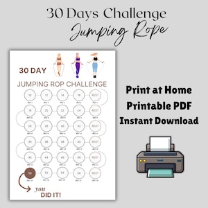 Pode incluir: Um PDF imprimível para um desafio de 30 dias de salto à corda. O design apresenta um calendário circular para acompanhar o progresso, ilustrações de pessoas a saltar à corda e o texto "Print at Home, Printable PDF, Instant Download."