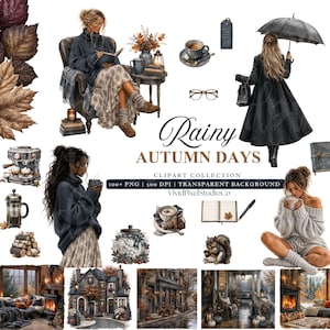 Rainy Autumn Days Watercolor Clipart Bundle | Cozy Fall Reading, Coffee, Rainy Day Aesthetic, Cottagecore PNGS