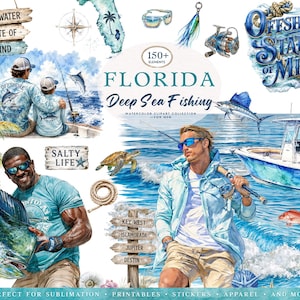 May include: Watercolor clipart collection featuring Florida deep sea fishing elements. Includes illustrations of fishermen, boats, fish, and nautical elements like rope and signs. Text includes "Saltwater State of Mind", "Salty Life", and Florida city names.