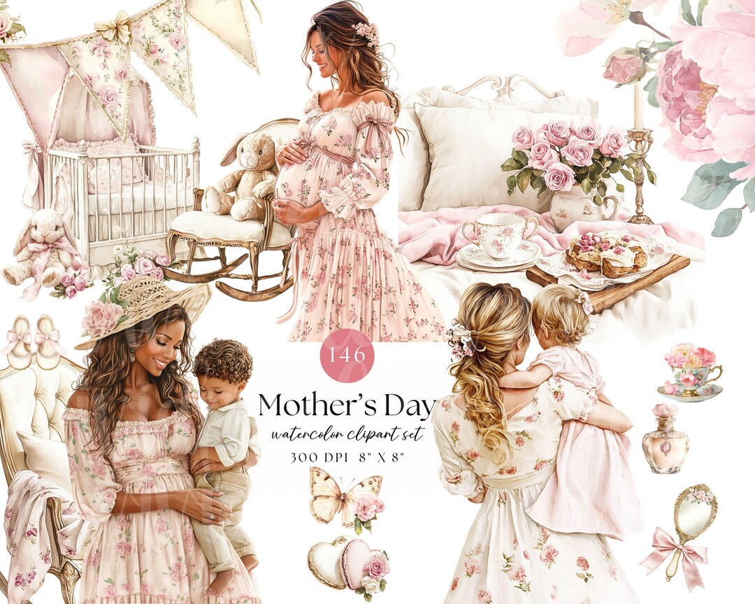 Mother’s Day Watercolor Clipart Bundle | Cottagecore Mothers Day | Baby ...