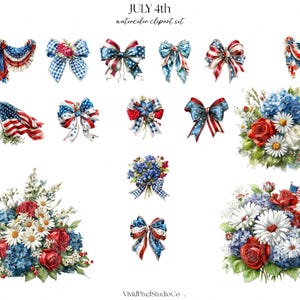 May include: Watercolor clipart set with patriotic themes. The image features bows, floral arrangements, and an American flag in red, white, and blue. The text "JULY 4th" and "watercolor clipart set" are at the top.