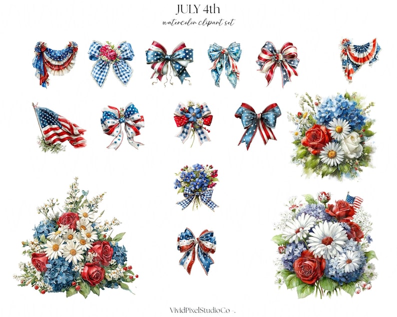 May include: Watercolor clipart set with patriotic themes. The image features bows, floral arrangements, and an American flag in red, white, and blue. The text "JULY 4th" and "watercolor clipart set" are at the top.