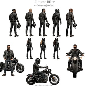 May include: Watercolor clipart set titled "Ultimate Biker." The image features multiple illustrations of bikers in black leather jackets, pants, and helmets. Some are standing, others riding motorcycles. The motorcycles are black.