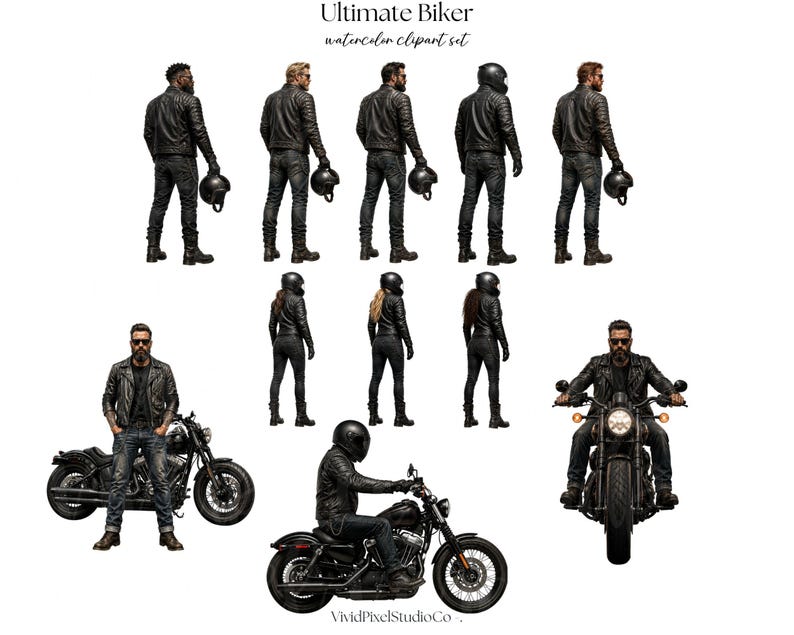 May include: Watercolor clipart set titled "Ultimate Biker." The image features multiple illustrations of bikers in black leather jackets, pants, and helmets. Some are standing, others riding motorcycles. The motorcycles are black.