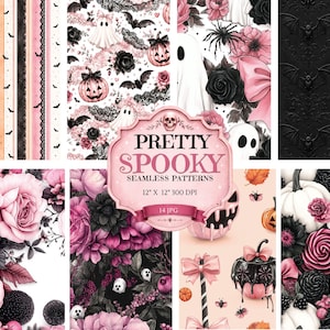 May include: A collection of digital seamless patterns featuring pink, black, and white Halloween motifs including ghosts, pumpkins, roses, bats, and spiders. A central label displays the text PRETTY SPOOKY SEAMLESS PATTERNS 12 X 12 300 DPI.
