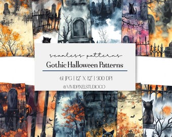 Gotiska Halloween sömlösa mönster | Akvarell kyrkogård, hemsökt skog, spöke och svart katt digitala papper | Spöklik klippbok | Sublimering