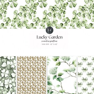 Lucky Garden Digital Paper Pack, Sage Green Watercolor Patterns, Clover & Hydrangea Backgrounds, Cottagecore Scrapbooking, Planner Paper