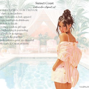 Pacote de Clipart da Costa ao Pôr do Sol, PNG com Estética de Verão Costeira, Clipart de Férias na Praia, Luxo à Beira da Piscina imagem 2