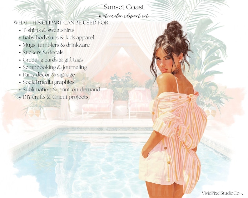 Pacote de Clipart da Costa ao Pôr do Sol, PNG com Estética de Verão Costeira, Clipart de Férias na Praia, Luxo à Beira da Piscina imagem 2