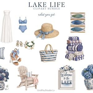 Puede incluir: Una colecci&oacute;n de ilustraciones en acuarela con tem&aacute;tica de vida en el lago. Incluye un vestido blanco, bikini azul, sombrero de paja con lazo azul, bolso tote a rayas, toallas de playa, una almohada, sandalias, joyas, una silla de madera y un letrero que dice "Welcome to the Lake".