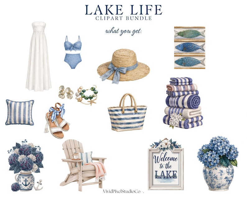 Puede incluir: Una colecci&oacute;n de ilustraciones en acuarela con tem&aacute;tica de vida en el lago. Incluye un vestido blanco, bikini azul, sombrero de paja con lazo azul, bolso tote a rayas, toallas de playa, una almohada, sandalias, joyas, una silla de madera y un letrero que dice "Welcome to the Lake".